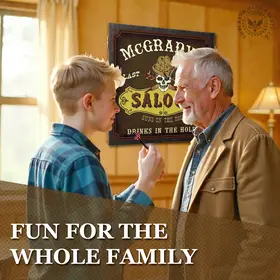 Father and son playing darts in front of personalized Western Saloon dartboard cabinet in a rustic game room.