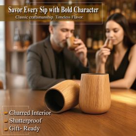 Man and woman tasting whiskey from Foghat wooden whiskey tumblers in a bar, showcasing the charred oak interior and premium handcrafted design.