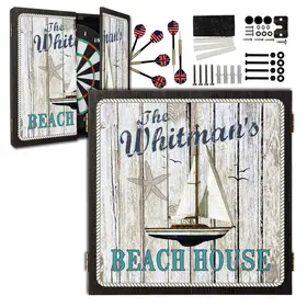 Nautical beach house dartboard cabinet set with flag-themed darts, mounting hardware, and coastal wood design, ideal for game rooms and beach house decor.