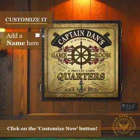 Custom Captain’s Quarters dartboard cabinet mounted on wood wall with personalized name option