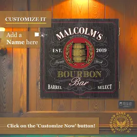 Custom Bourbon Bar dartboard cabinet mounted on a wood wall with option to add a personalized name, ideal for home bars, whiskey lounges, and man cave decor.
