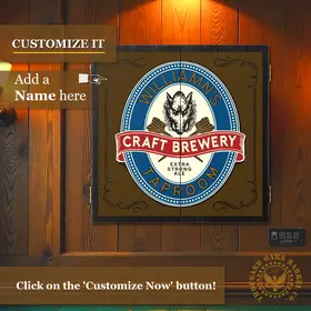 Personalized craft brewery dartboard cabinet with custom name design mounted on wood wall