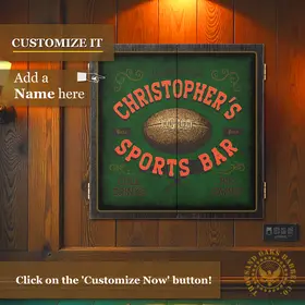 Personalized football sports bar dartboard cabinet set with custom name and vintage football design for man cave or home bar.