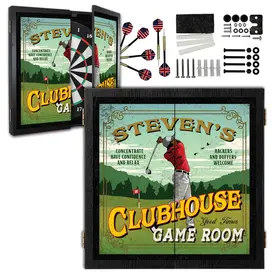 Custom golf dartboard cabinet set with personalized name design, open doors, darts, and mounting hardware included