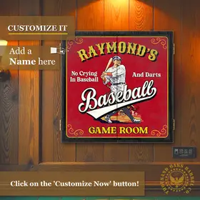 Personalized baseball dartboard cabinet wall mounted with custom name option and vintage baseball game room decor