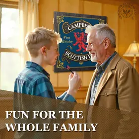 Father and son playing darts in a game room with personalized Scottish Pub dartboard cabinet mounted on wood-paneled wall.