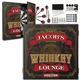 Custom Whiskey Lounge dartboard cabinet set open with dartboard, steel-tip darts, and mounting hardware included.