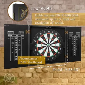dartboard cabinet dimensions showing 21.25 by 21.25 inches with 2.75 inch depth and space for regulation 18 inch dartboard
