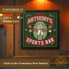 Wall mounted personalized baseball sports bar dartboard cabinet featuring custom name drop design on vintage style cabinet doors