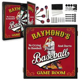 Custom baseball dartboard cabinet set with darts, accessories, mounting hardware, and personalized name design