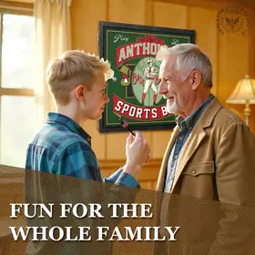 Grandfather and grandson playing darts in a home game room with personalized baseball sports bar dartboard cabinet mounted on wall