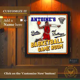 Personalized basketball dartboard cabinet mounted on wall showing custom name option