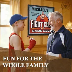 Grandfather and grandson playing darts in front of personalized Fight Club dartboard cabinet in game room