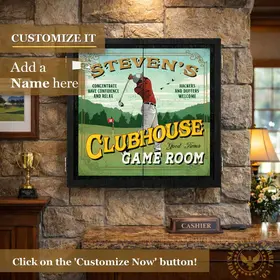 Personalized golf clubhouse dartboard cabinet mounted on stone wall in upscale golf clubhouse-style game room