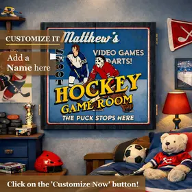 Personalized hockey dartboard cabinet displayed in a teen hockey-themed bedroom with sports décor.