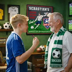 Father and son enjoying personalized soccer dartboard cabinet in soccer themed game room