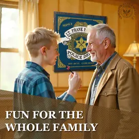 Father and son playing darts in home game room with personalized Police Department dartboard cabinet mounted on wall.