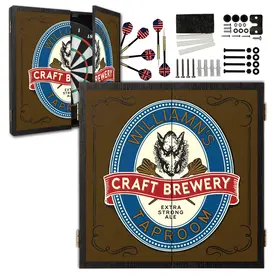 Custom brewery dartboard cabinet set with bristle dartboard, 6 darts, and mounting hardware included