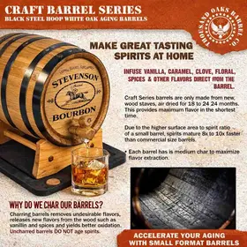 Close up of American white oak bourbon aging barrel with black steel hoops and wooden stand