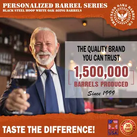 Handcrafted American white oak wine aging barrel with black steel hoops and wooden stand.