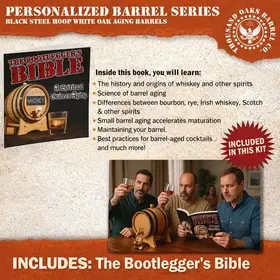 Bootlegger’s Bible whiskey aging guide included with personalized mini oak barrel kit