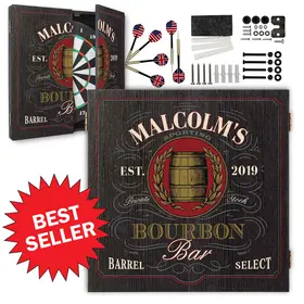 Personalized Bourbon Bar dartboard cabinet set including dartboard, flag-themed darts, and mounting hardware, ideal for home bar, man cave, or whiskey lounge setup.