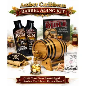 Caribbean rum aging barrel kit with oak barrel, amber rum essence packets, glass of rum, and Bootlegger’s Bible guide.