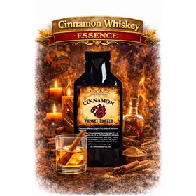 Cinnamon Whiskey Essence 20ml premium flavor concentrate with cinnamon sticks and glass of homemade cinnamon whiskey.