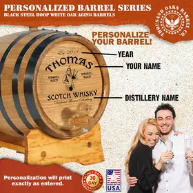 Personalized mini oak Scotch whisky barrel with custom engraved name, year, and distillery in traditional Scottish design.