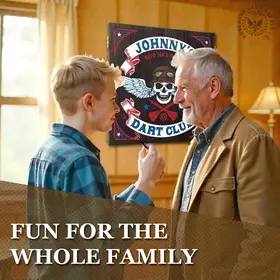 Grandfather and grandson playing darts in a game room featuring a personalized skull dartboard cabinet with custom name design, perfect for man cave or home entertainment space.