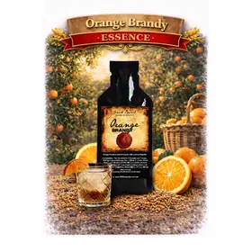 Orange Brandy Essence 20ml premium citrus brandy flavor concentrate with fresh orange slices and cocktail glass in an orange orchard.
