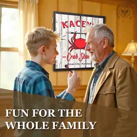 Family playing darts in a beach house game room featuring a personalized Crab Shack dartboard cabinet with custom name and coastal crab design, perfect for nautical home decor.