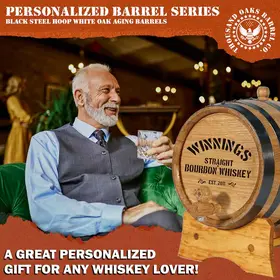 Personalized whiskey aging barrel gift for men featuring engraved bourbon design and home aging functionality.