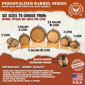 Size comparison of personalized mini oak aging barrels in multiple liter and gallon options.