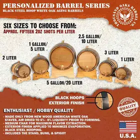 Mini oak aging barrel size comparison chart from 1 liter to 5 gallon capacity