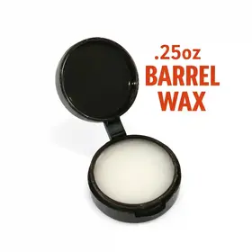 .25oz mini barrel wax tub on white background, food-safe oak aging barrel leak sealant for whiskey and bourbon barrel repair.