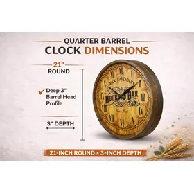 Diagram showing quarter barrel clock dimensions including 21 inch round diameter and 3 inch deep barrel head profile.