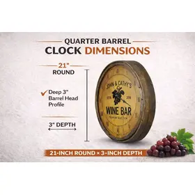 21 Inch Quarter Barrel Clock Dimensions – Deep 3 Inch Barrel Head Profile Wine Barrel Clock