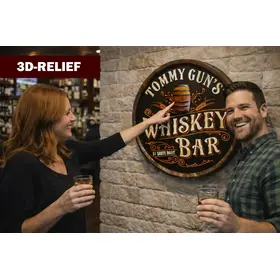 Close-up detail of raised 3D relief barrel centerpiece on handmade whiskey bar quarter barrel sign.
