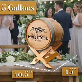 5 gallon personalized wedding barrel card holder on wooden stand with engraved names and wedding date