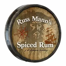 Russ Mann’s Spiced Rum handmade 20–21 inch quarter barrel sign showing 3D depth and wooden barrel rim detail.