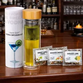 Liquor Quik Vodka Infusion Kit displayed on home bar setting with three botanical infusion packets