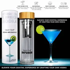 Liquor Quik Vodka Infusion Kit with borosilicate glass bottle, stainless steel infuser filter and bamboo lid