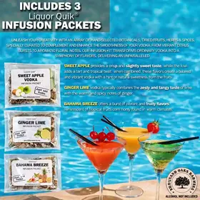 Sweet Apple, Ginger Lime and Bahama Breeze vodka infusion packets displayed with tropical cocktails and flavor profiles