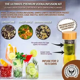 Vodka infusion instructions showing fill level, 450ml capacity and 2 to 5 day infusion timeline