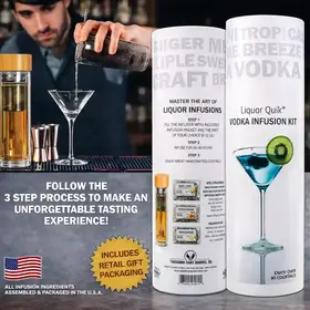 Liquor Quik Vodka Infusion Kit showing 3-step infusion process and retail gift packaging on bar counter