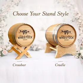 Personalized wedding barrel with engraved names and wedding date displayed on two stand options including crossbar stand and cradle stand for rustic wedding decor.