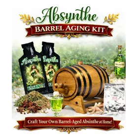 Absynthe Barrel Aging Kit with oak barrel, Green Fairy essence packets, herbal botanicals, and absinthe style glass filled with vibrant green spirit.