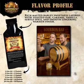 American Single Malt Whiskey flavor profile with oak barrel aging kit and essence packet displayed.