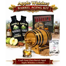 Apple Whiskey barrel aging kit with American white oak barrel and apple infusion essence for crafting apple flavored whiskey at home.